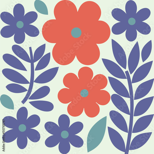 Vibrant floral pattern design featuring stylized flowers and leaves in a repeating arrangement