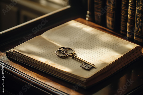 Antique key and open guestbook resting on a polished wooden table in a sunlit room filled with historic books nearby