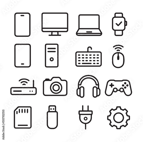 Thin Line Technology Icons – Simple outlines of tech devices in a clean and modern style