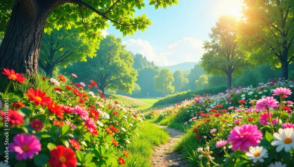 Fototapeta premium Vibrant summer scene bursting with colorful flowers, lush greenery, and bright sunshine Perfect for travel, vacation, or seasonal themes , flowers, sunny, leaves