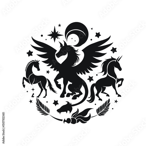 Mythical Creature Logo Set in Silhouette Vector