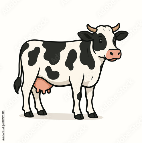 Cartoon Holstein Cow Vector – Full Body Side View Illustration with Pink Udder on White Background