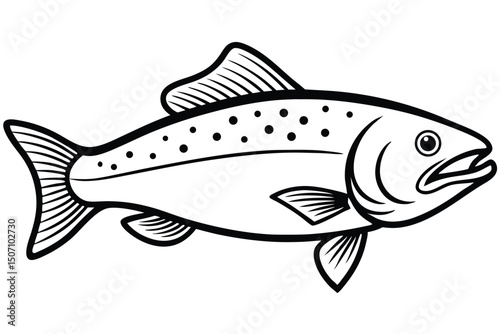 Detailed Black and White Illustration of a Spotted Trout Fish with Fins and Tail