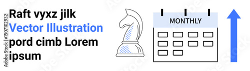Chess knight, monthly calendar, and upward arrow symbolic of strategy, organizational planning, and success concepts. Ideal for business, productivity, time management, analytics growth progress