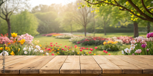 Wooden table with a spring or summer background featuring colorful flowers, perfect for product display