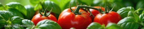 Vibrant red ripe tomatoes nestled amongst lush green basil leaves, ready for harvesting A classic summer garden scene bursting with freshness and flavor , delicious, color