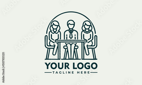 Minimalist line art of three people having a discussion around a table, collaborative meeting or teamwork concept
