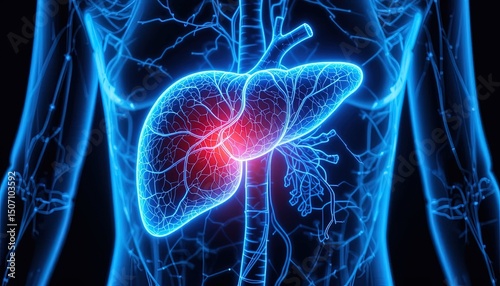 Detailed anatomical representation of the human liver with highlighted blood vessels.