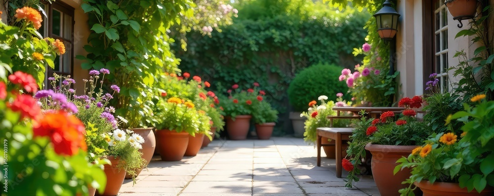 Naklejka premium Vibrant patio garden overflowing with colorful flowers and lush herbs in terracotta pots, bathed in sunlight Perfect for summer, relaxation, and outdoor living , apartment living, basil, foliage
