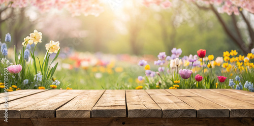 Wooden table with a spring or summer background featuring colorful flowers, perfect for product display
