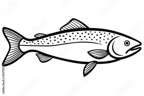Black Outline Drawing of a Spotted Trout Fish Swimming Silhouette Illustration
