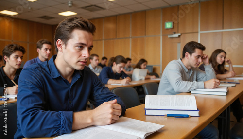 Young male student focusing attentively in a classroom full of classmates during a lecture