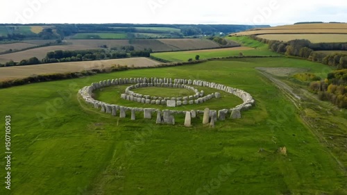 Aerial drone shot of Avebury stone circle, Wiltshire, UK 