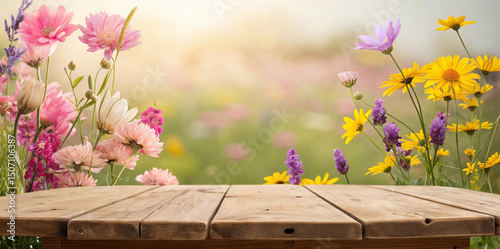Wooden table with a spring or summer background featuring colorful flowers, perfect for product display