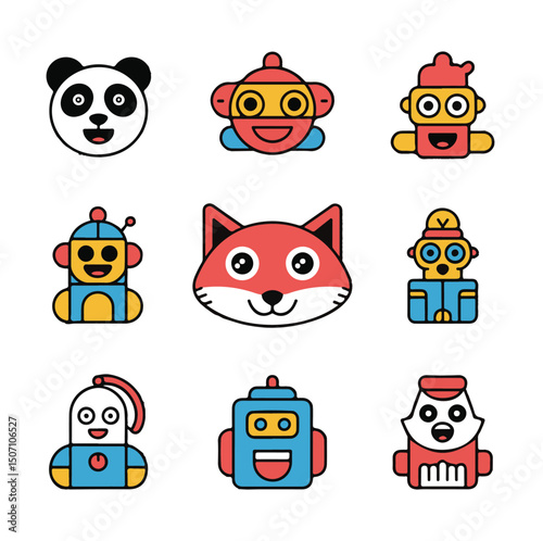 Animal and Robot Head Icons – Creative Flat Style Faces