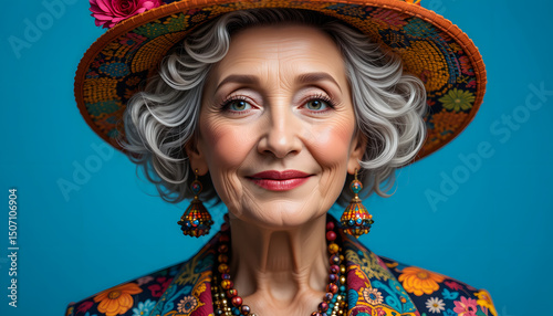 a old women wearing  a red cap  loking font | Elegant Senior Woman in Vintage Red Hat | Smiling Elderly Woman with Makeup and Hat | Fashion and Beauty Portrait