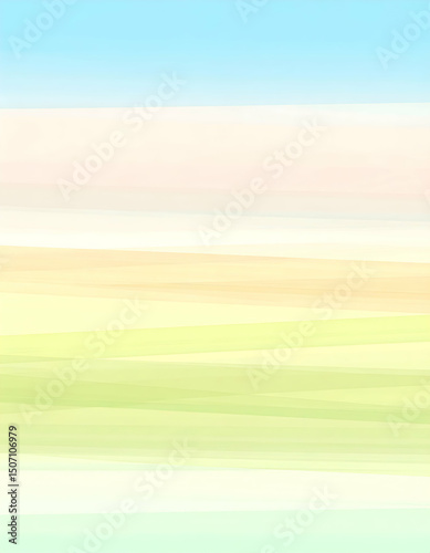 Soft pastel horizontal stripes blending blue sky and green fields in abstract motion, ideal for nature-themed backgrounds or modern minimalist design.