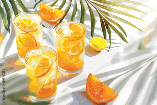 Summer lemonade, coctails with orange and mint on white background.