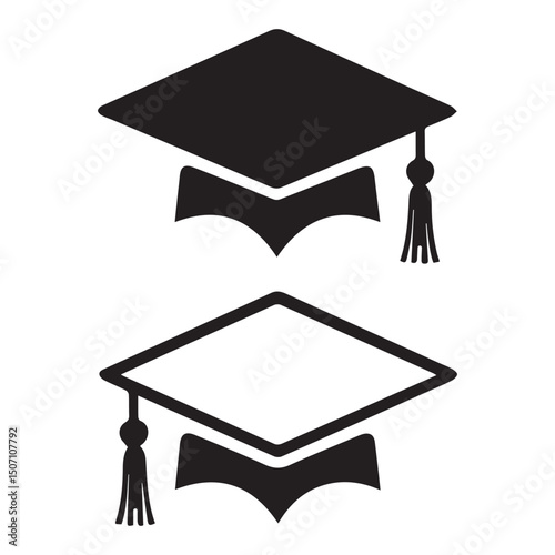 Graduation cap icon set, university or college graduation hat icon, student graduation cap, student hat outline, and filled vector sign. Academic cap linear and full pictogram. Education symbol, logo