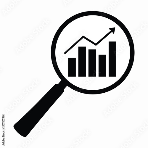 Magnifying glass with bar chart and upward arrow icon representing business analytics and financial growth