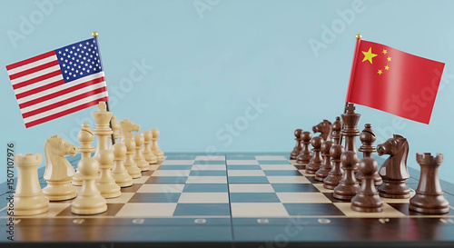 3D illustration of a chess game concept representing China and the USA, featuring chess pieces and a board, Generative AI.