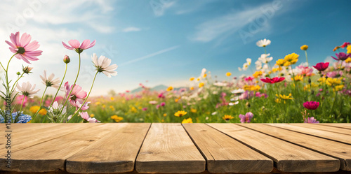 Wooden table with a spring or summer background featuring colorful flowers, perfect for product display