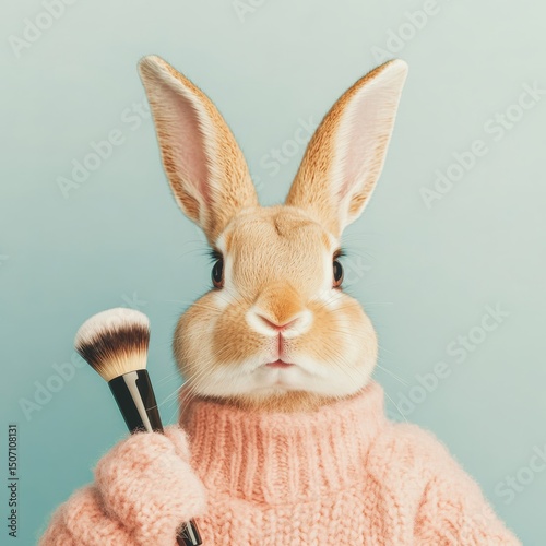 Rabbit holding a fake makeup brush, A whimsical rabbit character dressed in a knitted sweater holding a makeup brush, showcasing a blend of creativity and fun.