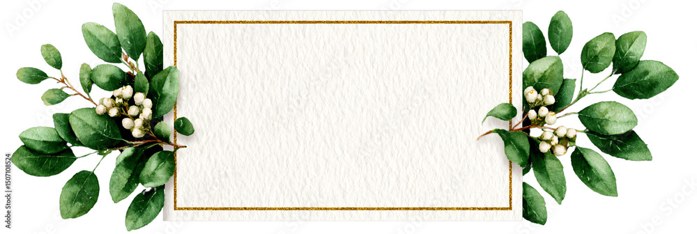Naklejka premium Elegant Floral Frame with Green Leaves and White Berries Design