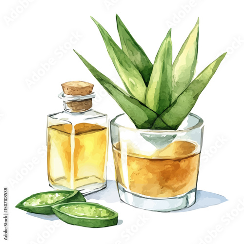 My Watercolor illustration, aloe vera syrup painting illustration isolated on a white background, illustration, AI painting design, vector illustration set, eps format