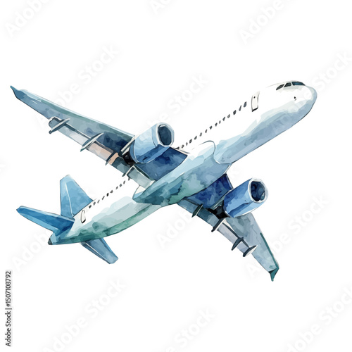 My Watercolor illustration, blue airplane painting illustration isolated on a white background, illustration, AI painting design, vector illustration set, eps format