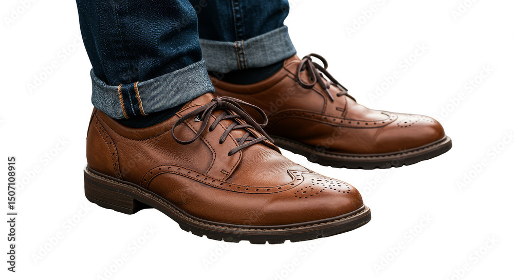 Realistic Image Brown Leather Dress Shoes with Jeans on Transparent Background
