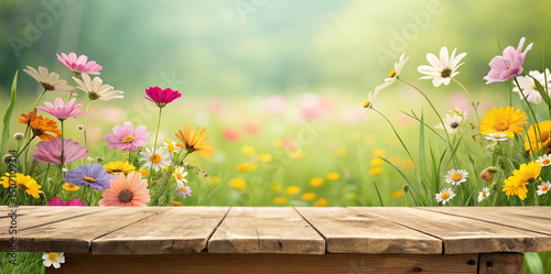 Wooden table with a spring or summer background featuring colorful flowers, perfect for product display