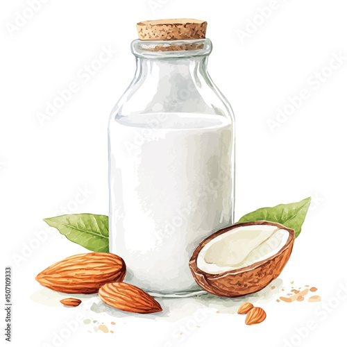 My Watercolor illustration, illustration almond milk in bottle and almond painting illustration isolated on a white background, illustration, AI painting design, vector illustration set, eps format