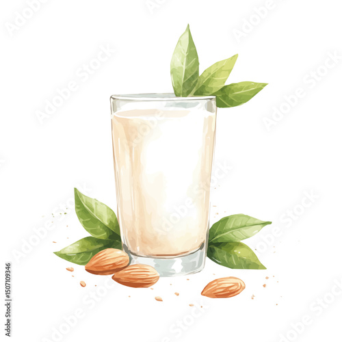 My Watercolor illustration, illustration almond milk in glass and almond painting illustration isolated on a white background, illustration, AI painting design, vector illustration set, eps format