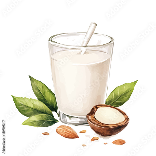 My Watercolor illustration, illustration almond milk in glass and almond painting illustration isolated on a white background, illustration, AI painting design, vector illustration set, eps format