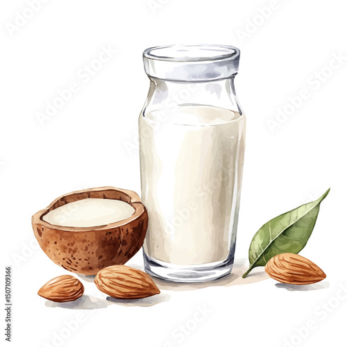 My Watercolor illustration, illustration almond milk in glass and almond painting illustration isolated on a white background, illustration, AI painting design, vector illustration set, eps format