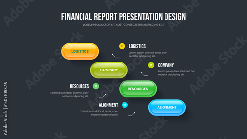 Marketing Overview 4 Step Diagram Slide Design. Investor Visualization Frame Layout Vector Illustration. Creative Launch Four Element Infographic Presentation Template.