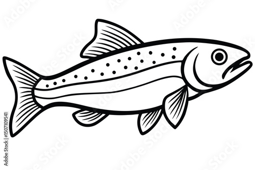 Detailed Black and White Illustration of a Trout with Distinctive Spots and Fins