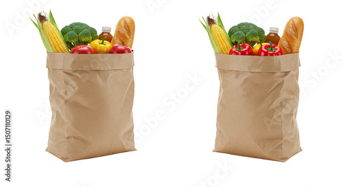 Realistic Image of Two Shopping Grocery Paper Bags Full of Vegetables