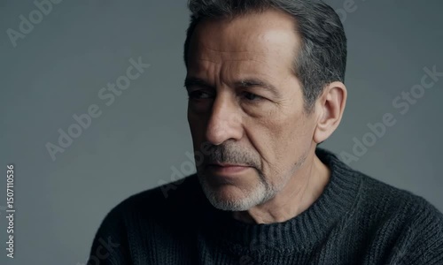 Horizontal video, sad elderly man in a dark sweater on a gray background