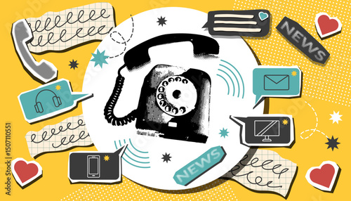 Phone call retro collage banner in pop art style. Concept of technology, connection, communication, talking, gadgets and information transfer. Vector trendy background.