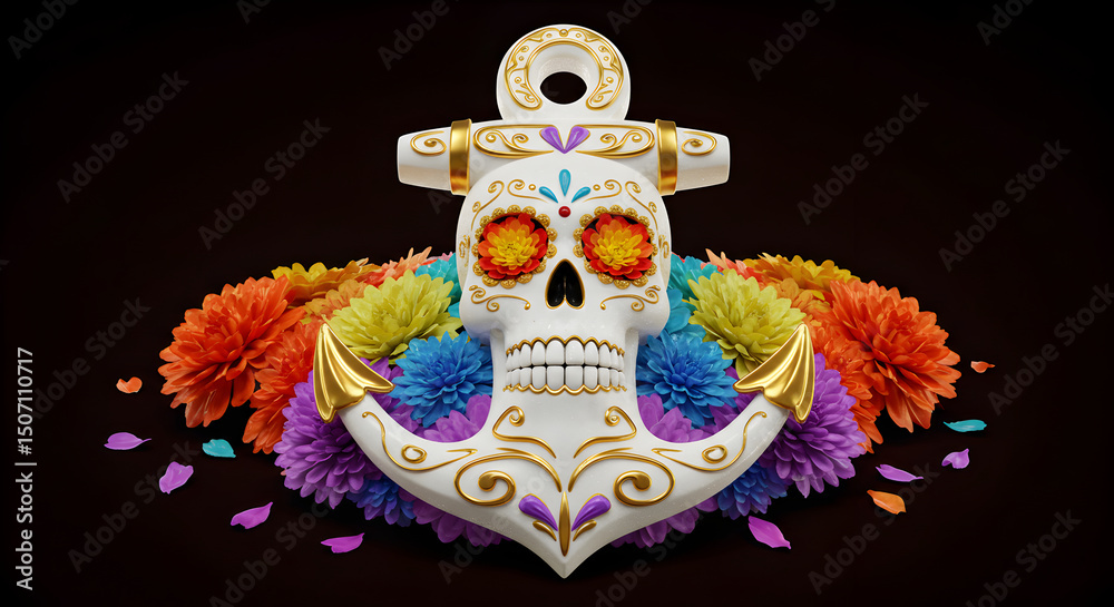 Fototapeta premium Decorated Skull and Anchor with Floral Embellishments for Day of the Dead