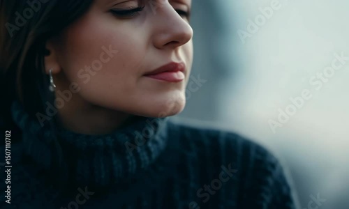 Horizontal video, sad woman in a knitted sweater