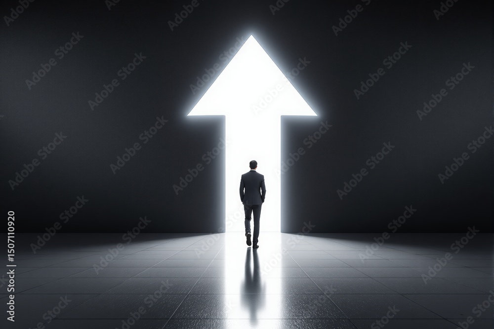 Obraz premium Businessman walking into glowing upward arrow-shaped doorway, minimalistic style, dark tiled background, concept of leadership, success, and ambition. Ai generative