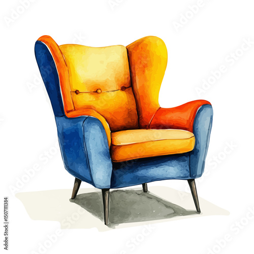 My Watercolor illustration, orange blue armchair painting illustration isolated on a white background, illustration, AI painting design, vector illustration set, eps format