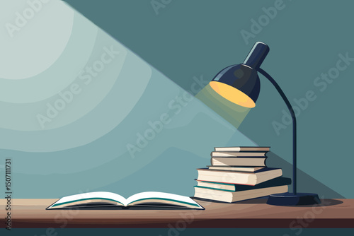 vector illustration of an open book and a reading lamp on the desk.