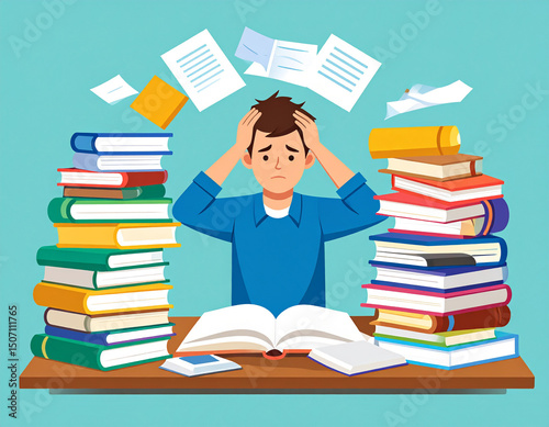 Stressed student surrounded by books and papers