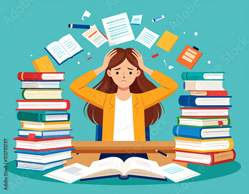 Stressed student surrounded by books and papers