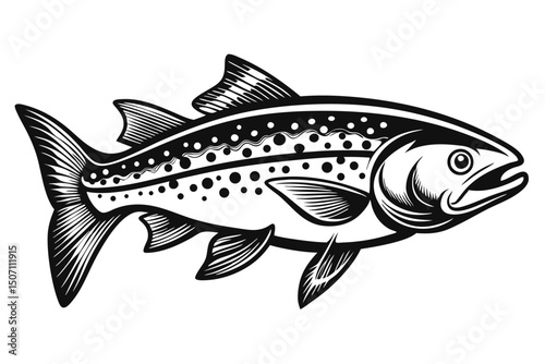 Detailed Black and White Illustration of a Spotted Trout Fish with Fins