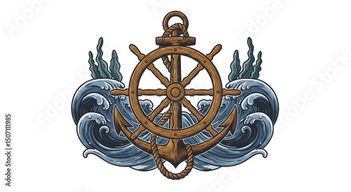 Nautical emblem featuring a ship's wheel, anchor, and oceanic waves in illustration